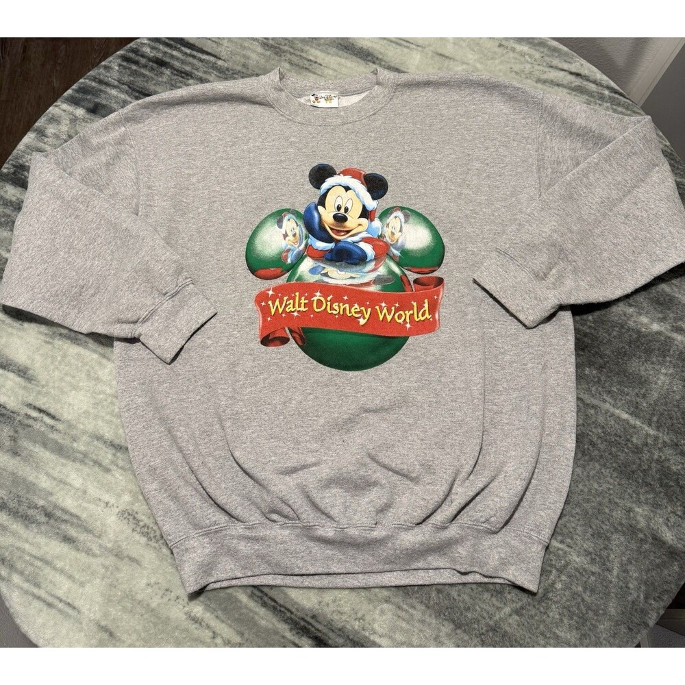 Vintage Y2k Rare Walt Disney World Mickey Mouse Christmas Sweatshirt Sz XL Gray